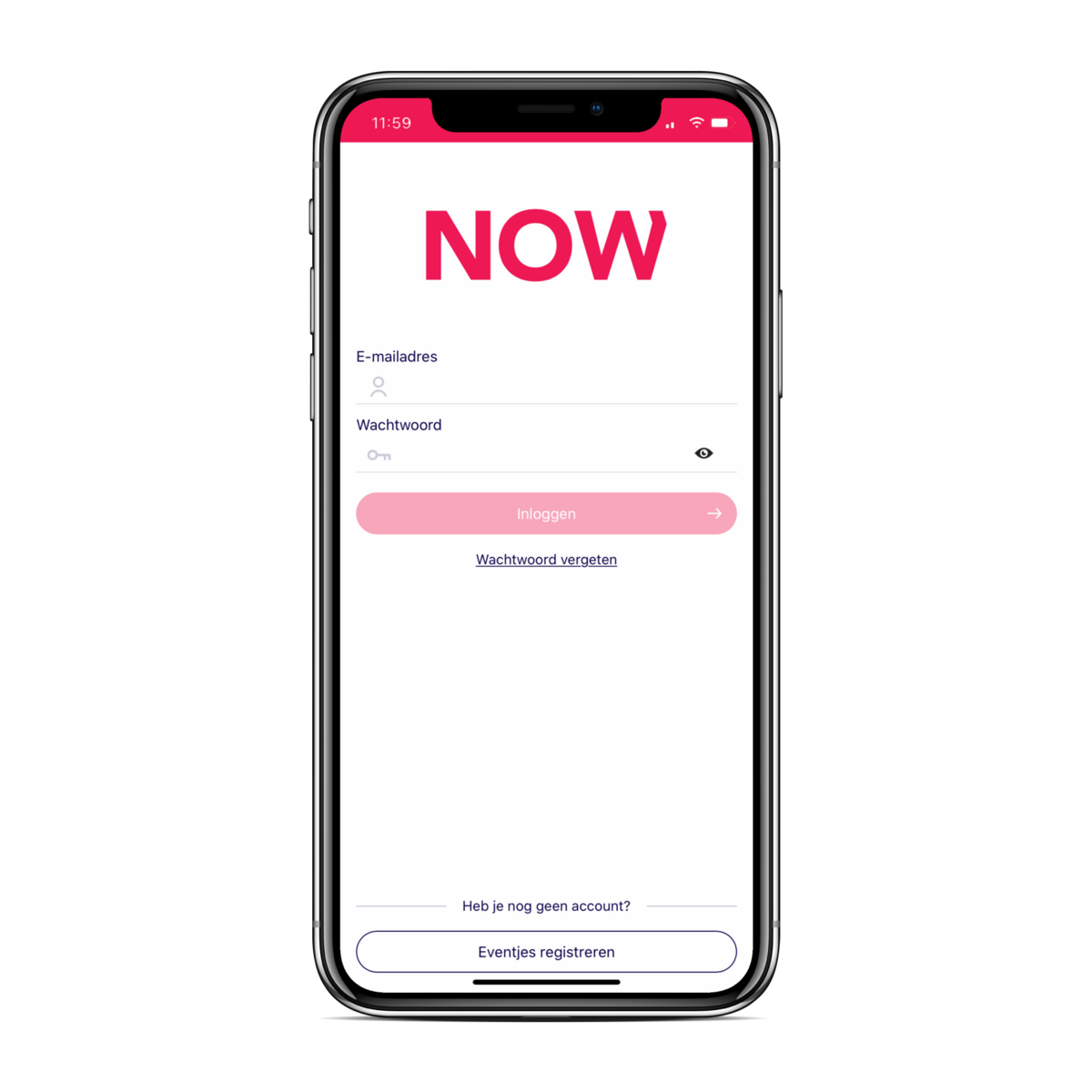 Inlogscherm van de NOWJOBS-app op een smartphone