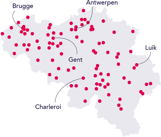 Een kaart van België waarop aangeduid staat waar NOWJOBS actief is