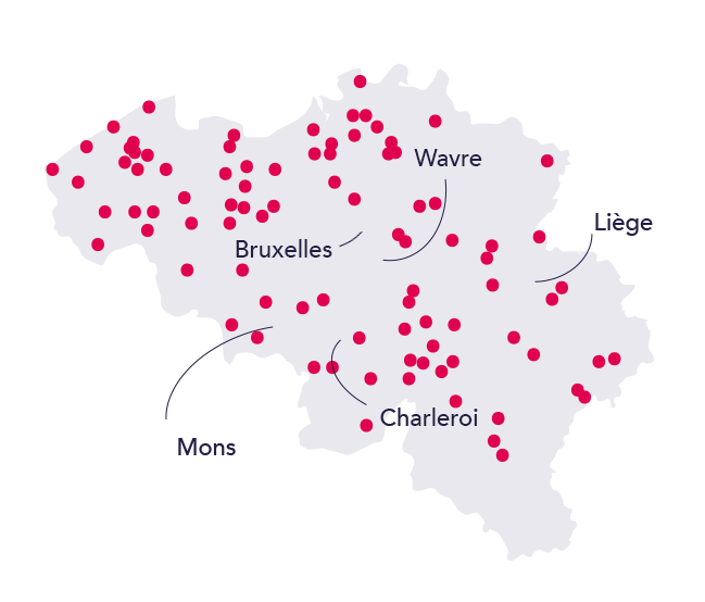 Une carte de la Belgique montrant où NOWJOBS est actif