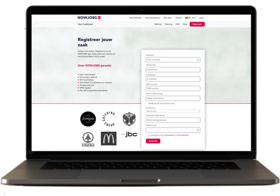 Registreren voor bedrijven via NOWJOBS op een laptop