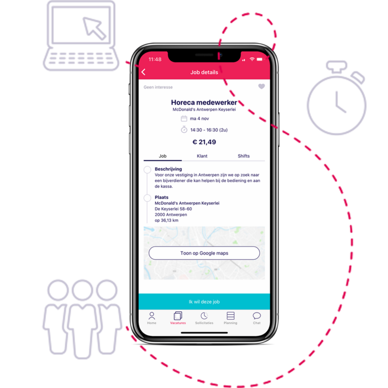 Een vacature bekijken op een smartphone via de NOWJOBS-app