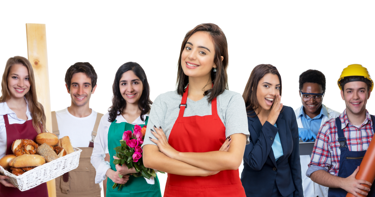 Sept jeunes femmes et hommes portant l'uniforme de leur métier d'étudiant.