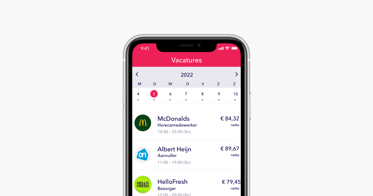 Bekijken van verschillende vacatures via de NOWJOBS-app op een smartphone